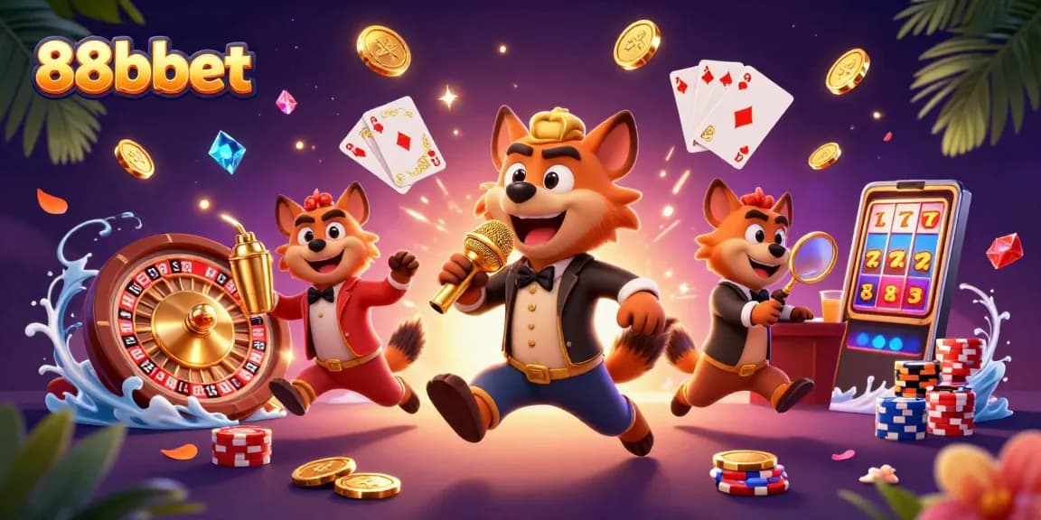 Experience the fun at 88bbet casino with vibrant scenes of hyenas enjoying games and laughter.