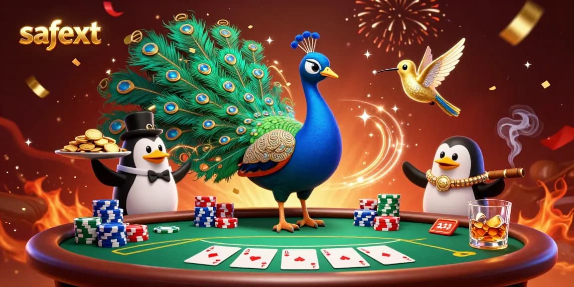 Experience safetxt with thrilling poker action as a colorful peacock and friends celebrate winnings.