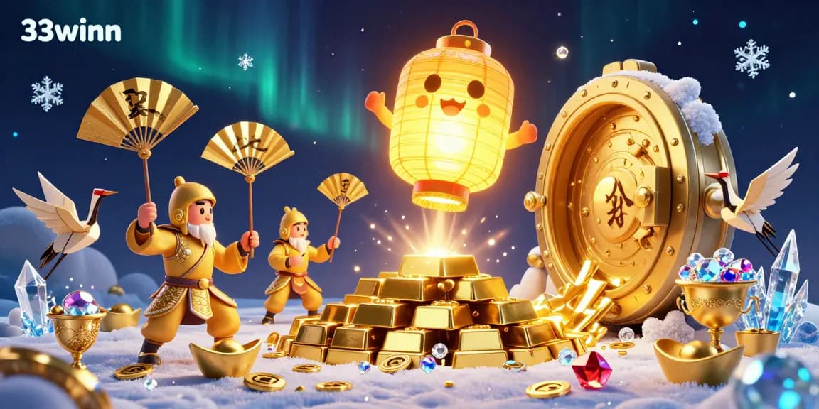 Experience thrilling wins at 33winn casino with glowing lantern spirit surrounded by treasure and lucky symbols.