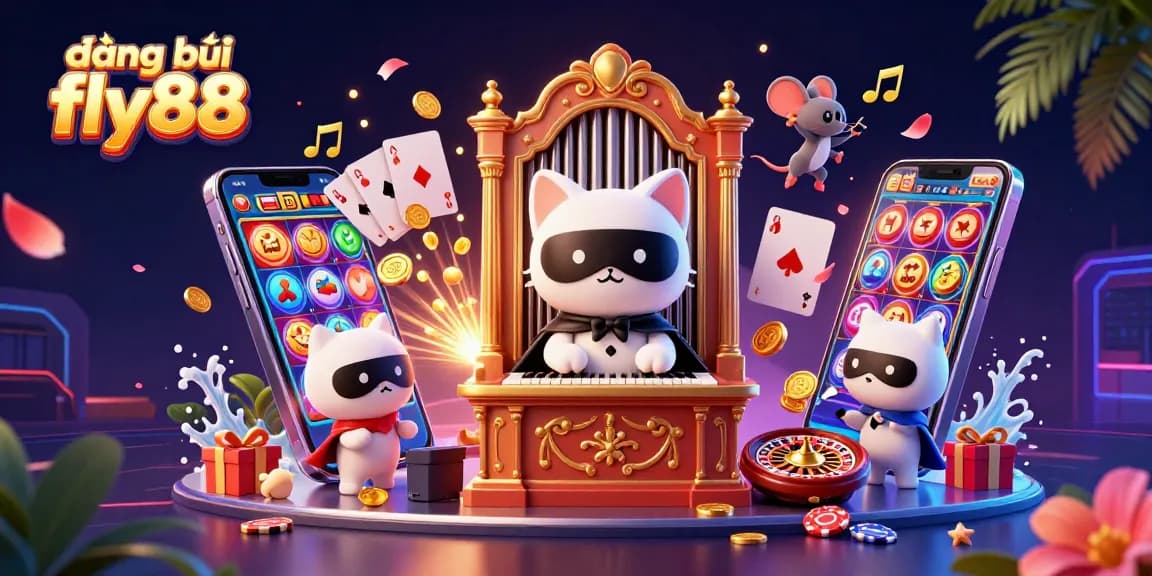 Experience đăng ký fly88 with vibrant gaming elements and a whimsical casino scene.