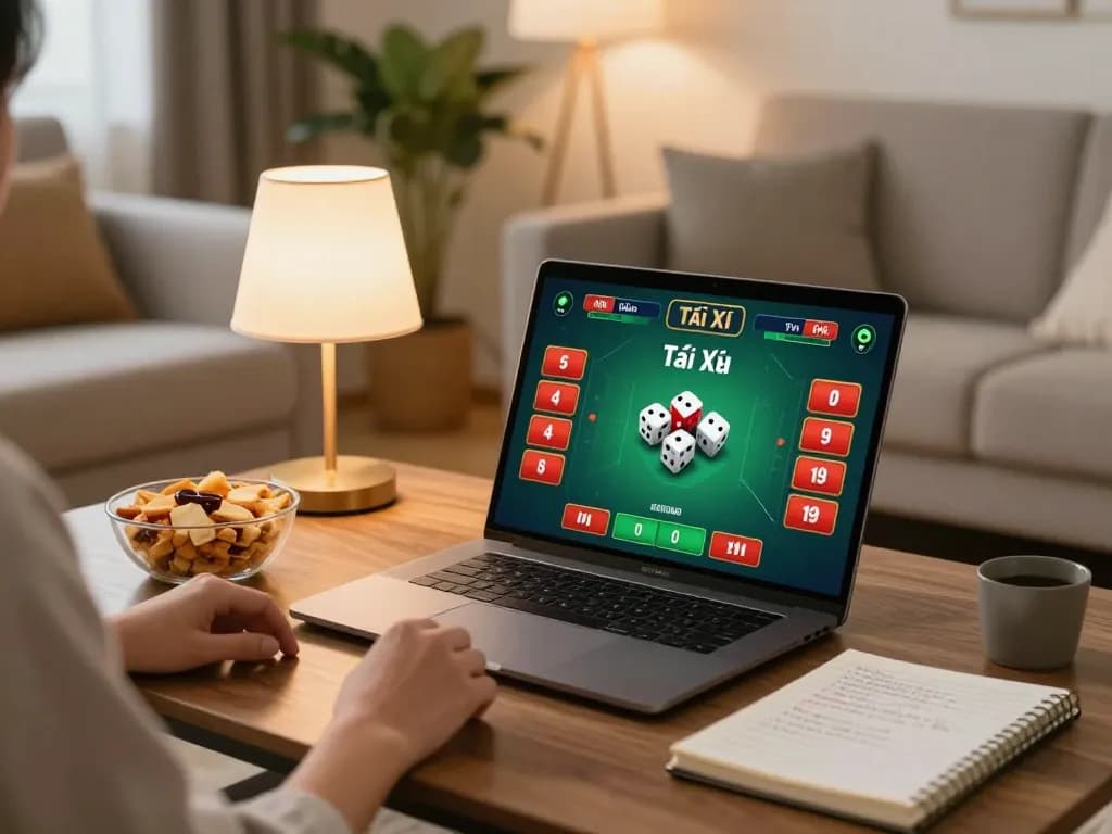 Tài Xỉu Online gameplay on a laptop in a cozy home setting with strategic notes and snacks.