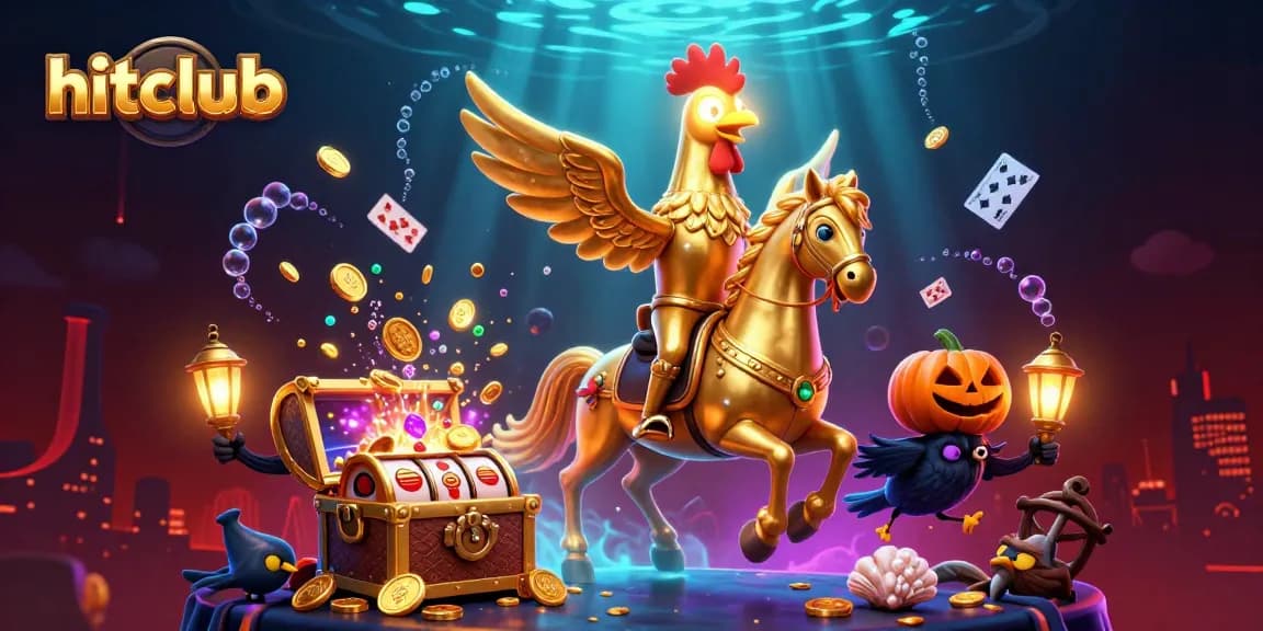 Play and win exciting games at hitclub with a golden rooster character amidst colorful slot visuals.