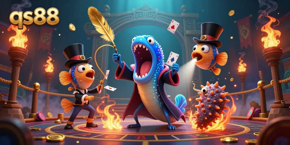 Engage with qs88's thrilling casino magic act featuring a bioluminescent eel performing card tricks surrounded by dynamic gambling elements.
