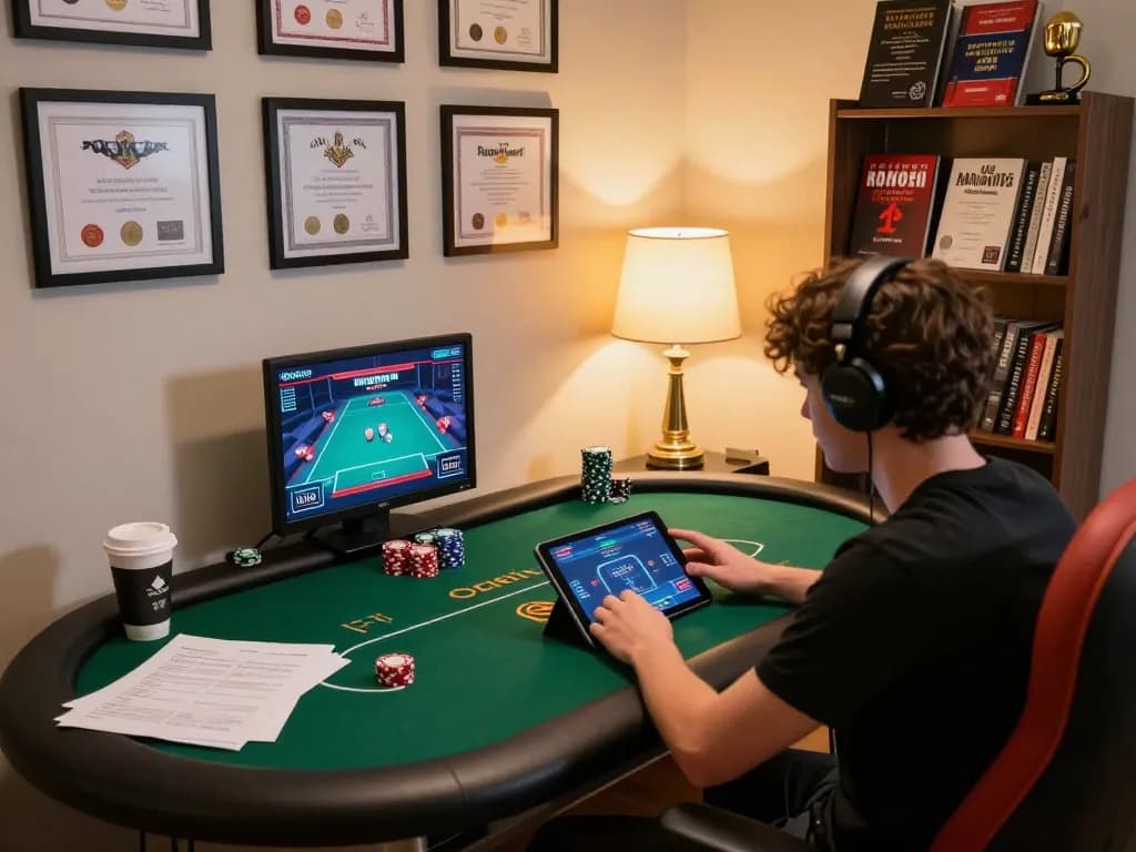 Engaged player enjoying nk88 poker game on tablet in cozy home setup, strategy notes visible.