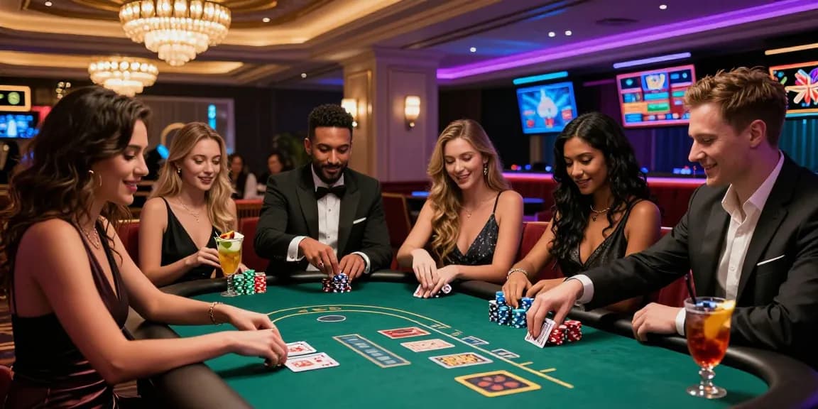 Friends enjoying lively games at an iwin casino table with colorful chips and cocktails.