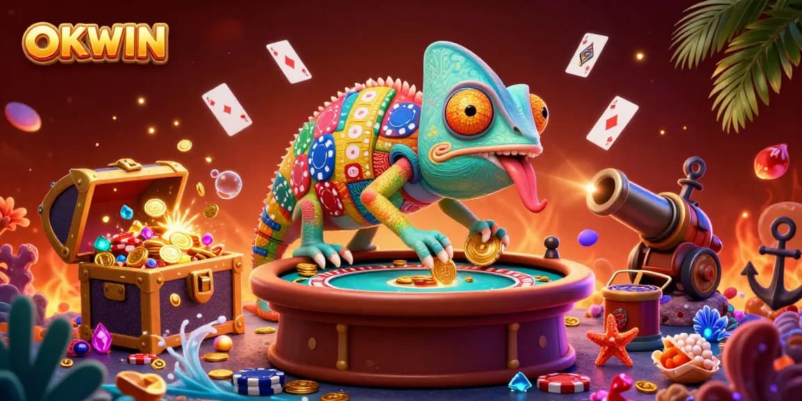 Win big at OKWIN with a 3D chameleon casino owner catching golden coins amidst vibrant game elements.
