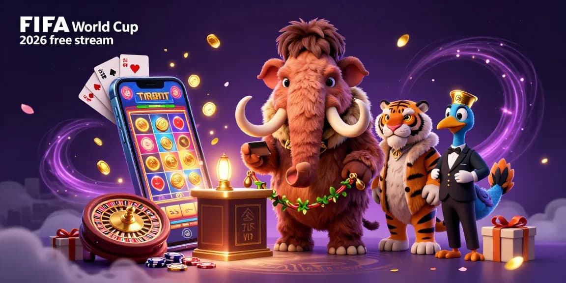 Stream FIFA World Cup 2026 free stream with vibrant characters and casino elements in action.