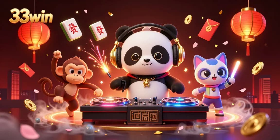 Spin to win big at 33win with a DJ panda and vibrant casino elements in a lively scene.