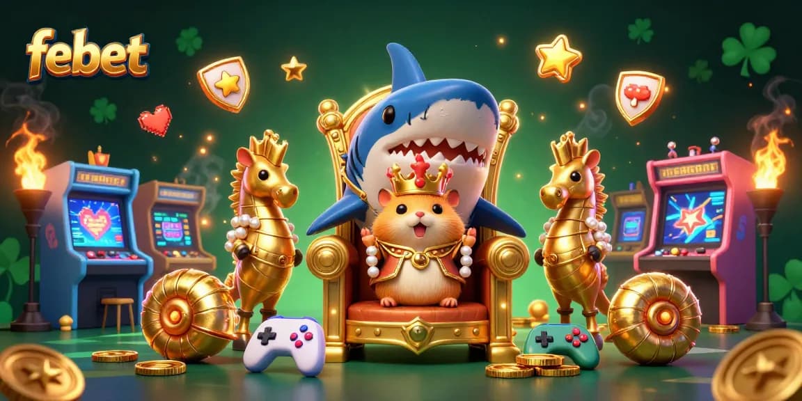 Experience thrilling gameplay with febet's vibrant casino illustration featuring a hamster king and dynamic game elements.