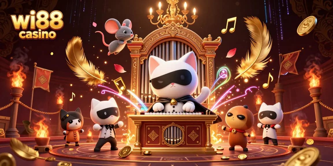 Experience excitement at wi88 casino with a captivating scene featuring a masked cat, acrobat, and dynamic game elements.