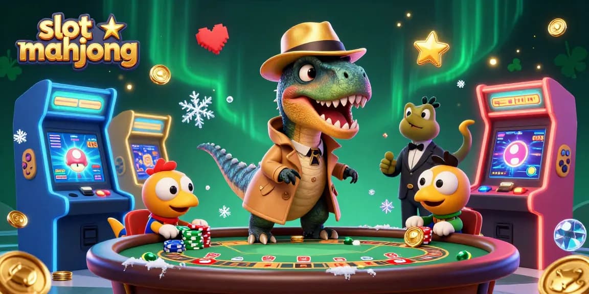Engage in slot mahjong action with a velociraptor card counter and vibrant casino elements.