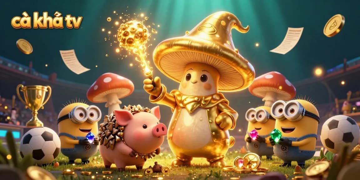 Cà khịa tv showcases a lively sports betting scene featuring a wizard, a truffle pig, and dynamic game elements.
