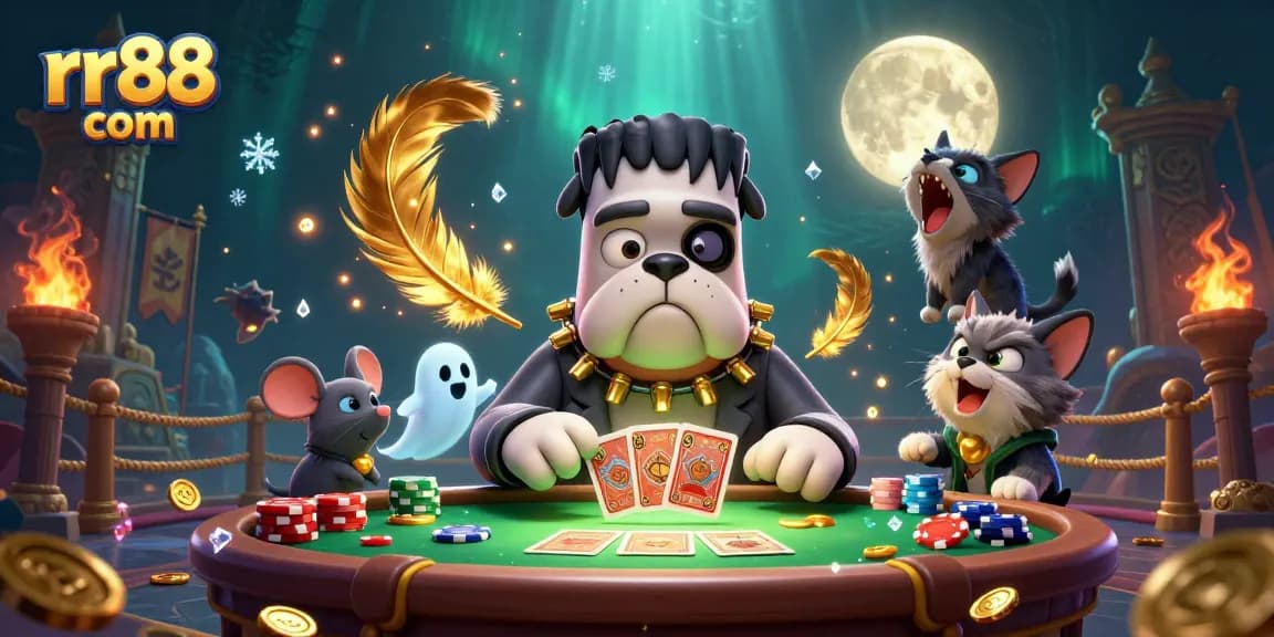 Experience thrilling gameplay at rr88 com with a vibrant illustration of unique casino characters interacting around a spooky poker table.