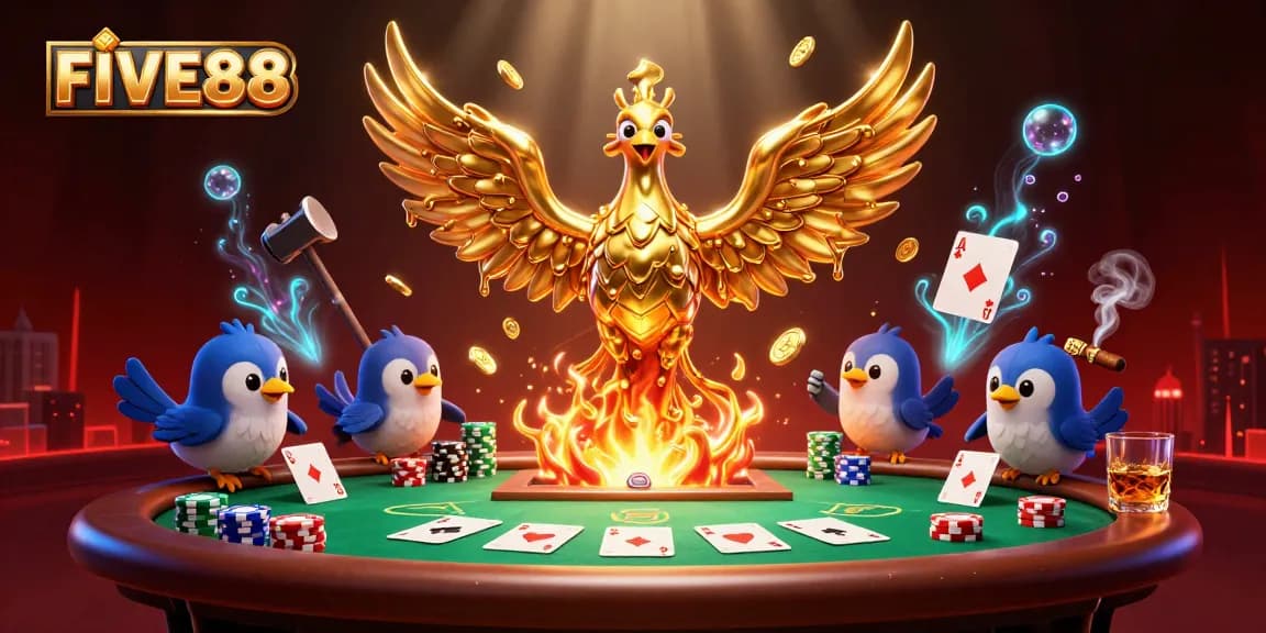 Experience the excitement of winning at FIVE88 with a vibrant poker scene featuring golden phoenix, poker chips, and casino elements.