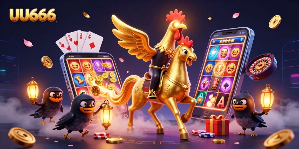 Experience the thrill of UU666 in this vibrant casino scene with golden rooster and companions.