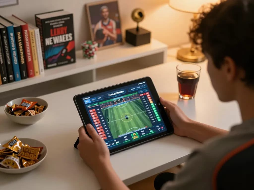 Engaged user employs ok365 tablet for live sports betting in a cozy setup