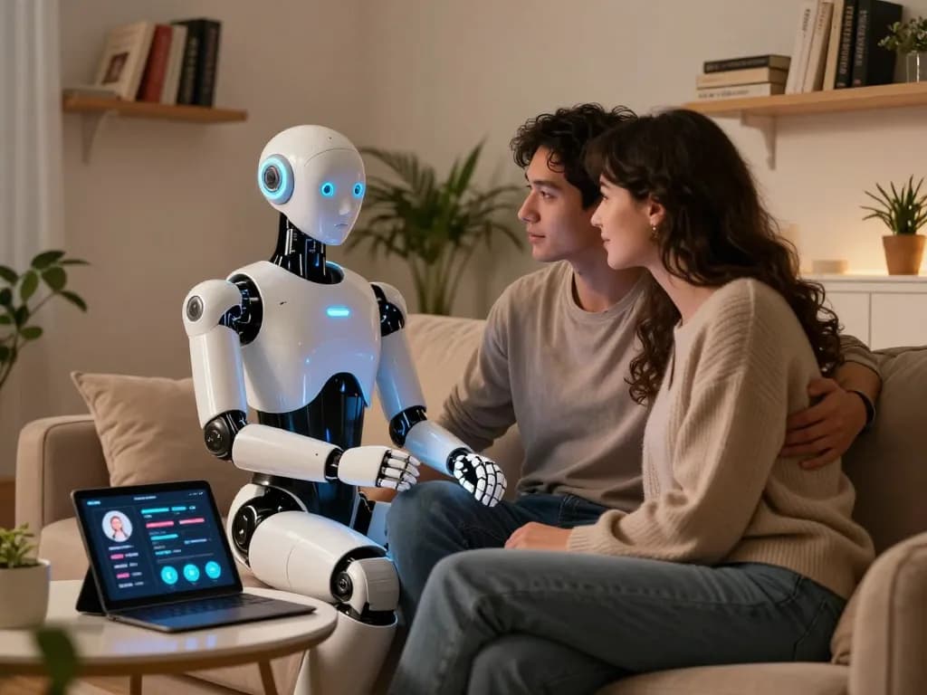 AI sex robot interacting with couple in a cozy, futuristic setting