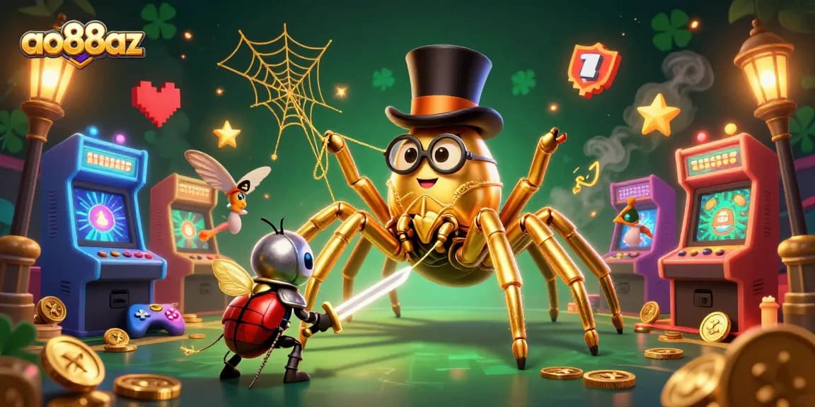 Engage with ao88az's vibrant casino world as a golden tarantula weaves luck in a dynamic 3D scene.