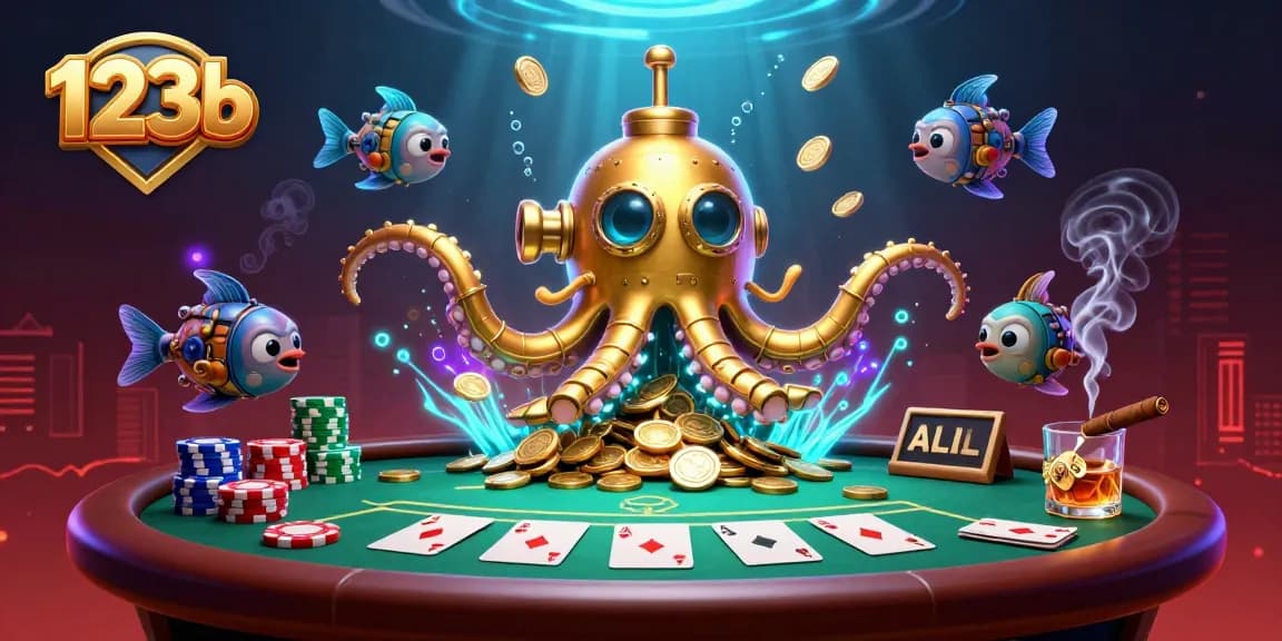 Experience thrilling adventures in 123b with a vibrant 3D kraken amid a sea of poker excitement.
