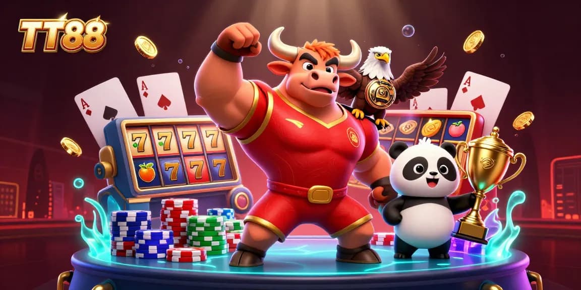 TT88 showcases exciting slots with 3D characters winning trophies in a vibrant casino scene.