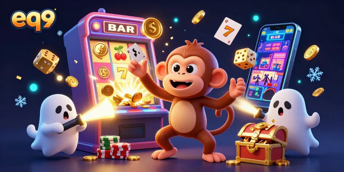 Engage with the thrilling world of eq9 as a cheeky poltergeist monkey juggles casino treasures in a vibrant digital setting.