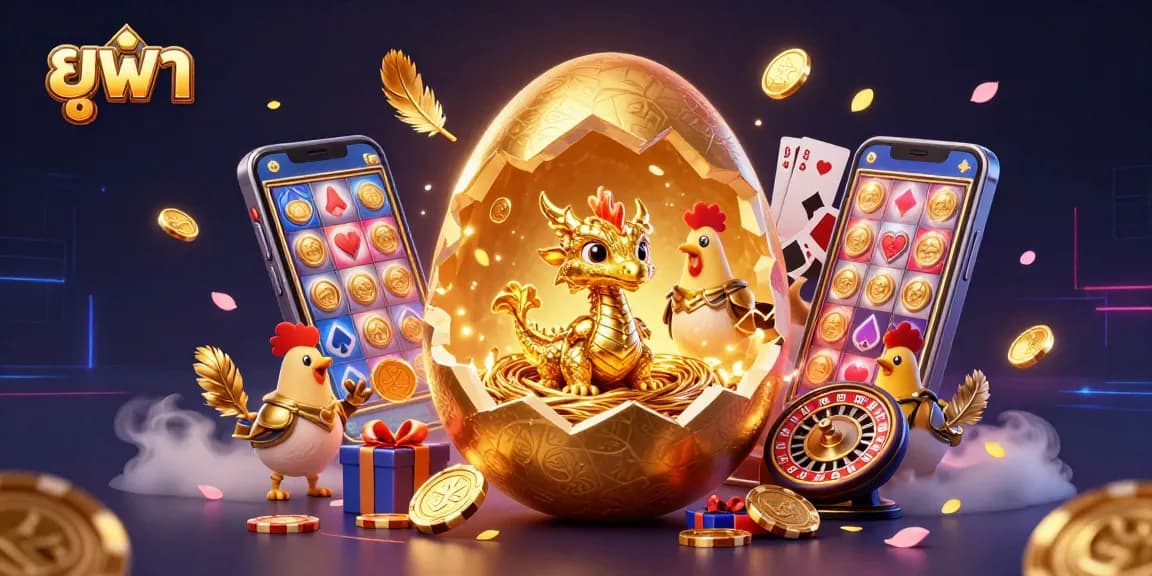 Join the excitement at ยูฟ่า with this vibrant 3D illustration of a golden egg revealing a dragon amidst casino elements.