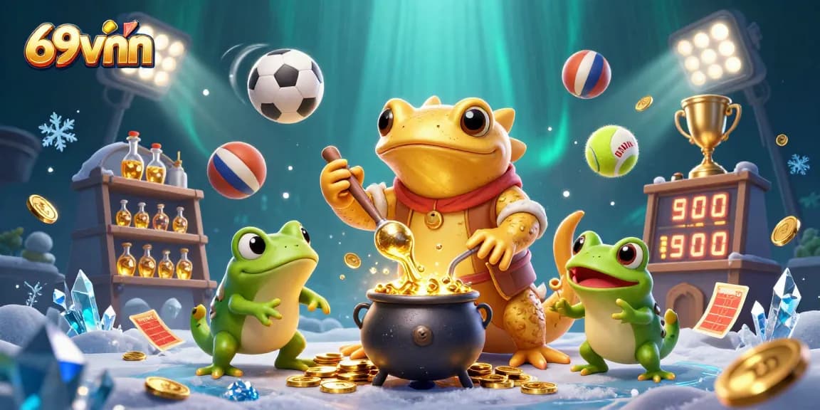 Experience thrilling action at 69vnn, featuring energetic gaming elements like golden coins and dynamic sports balls.