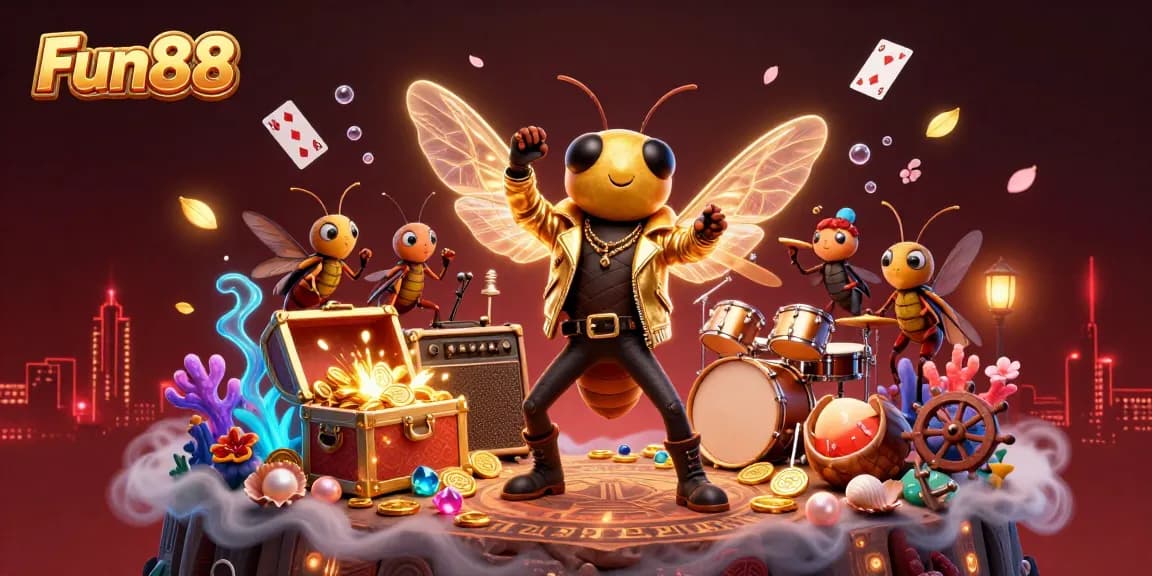 Experience the vibrant Fun88 gaming adventure with a cicada rock star and treasure-filled underwater theme.