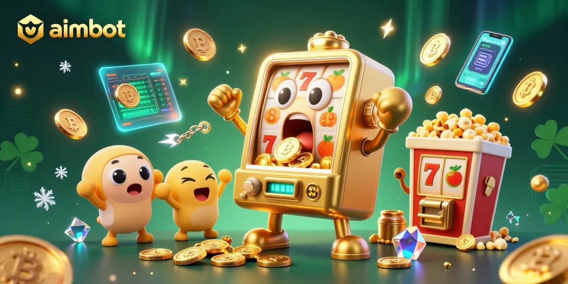 Aimbot power showcased in a vibrant scene with cheering slot machines and glowing crypto elements.