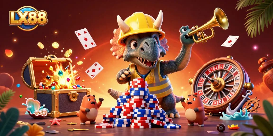 Experience the excitement of LX88 with a vibrant casino-themed illustration featuring a triceratops celebrating and creating poker chip pyramids.