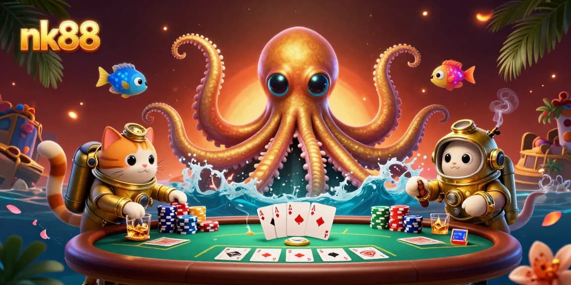 nk88 showcases a colossal kraken poker scene filled with chips, cards, and a diving cat.