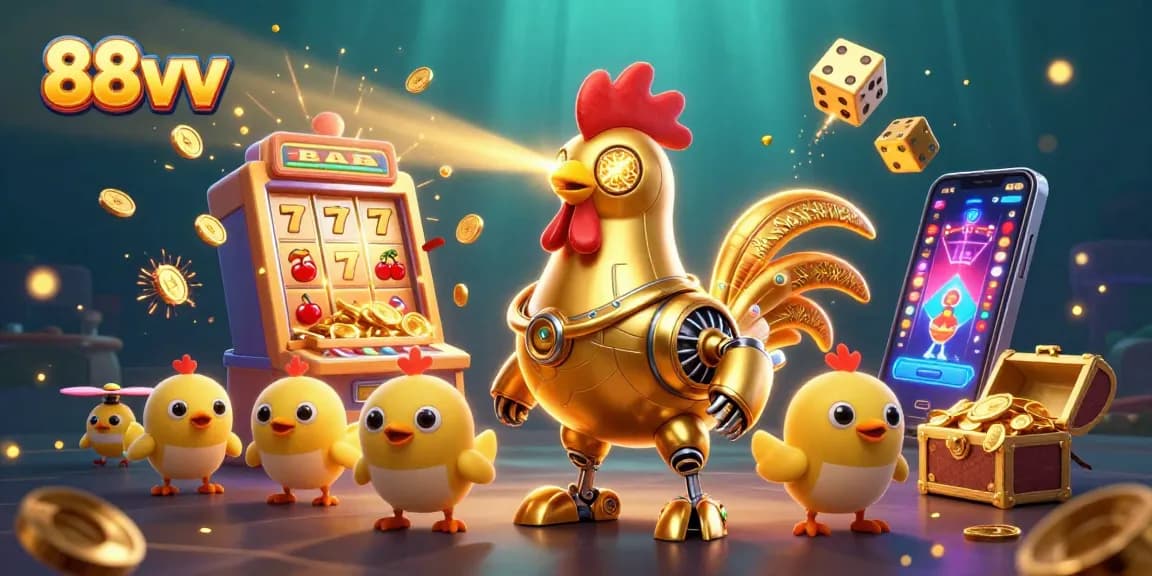 Experience thrilling action at 88vv with a golden rooster robot amidst a vibrant casino scene.