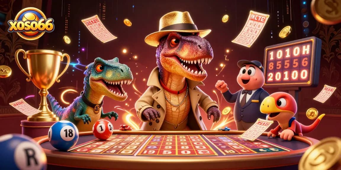 Xoso66 lottery scene featuring a velociraptor card counter and stegosaurus pit boss with dynamic lottery elements.