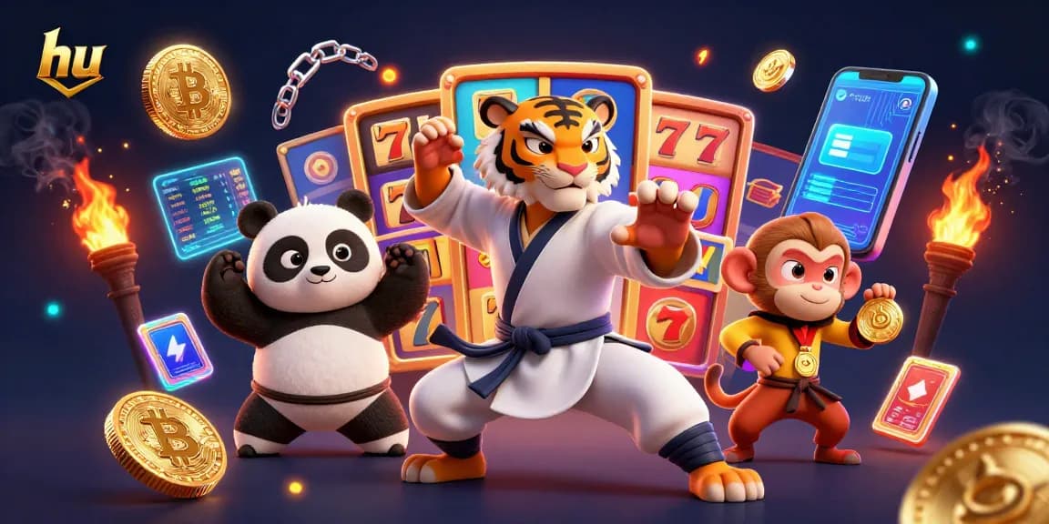 Engage in thrilling action at hu, where a kung fu tiger excels amid vibrant slots and glowing crypto coins.
