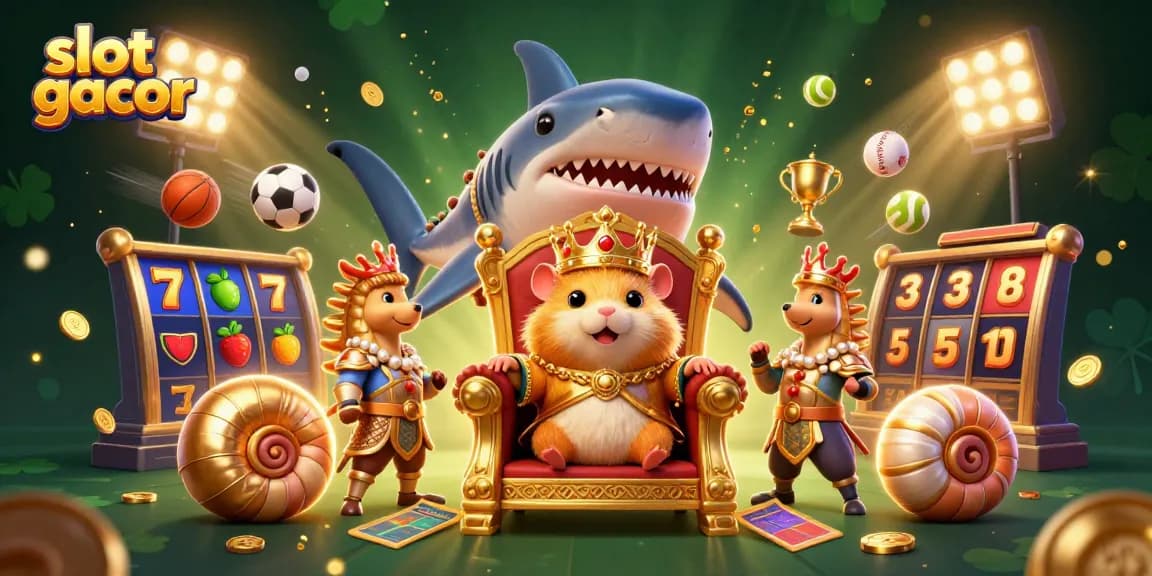 Engage with slot gacor at a vibrant casino scene featuring a golden hamster king and gaming elements.