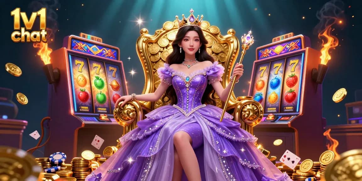 Engage in thrilling 1v1 chat while enjoying vibrant slot machines and casino visuals.