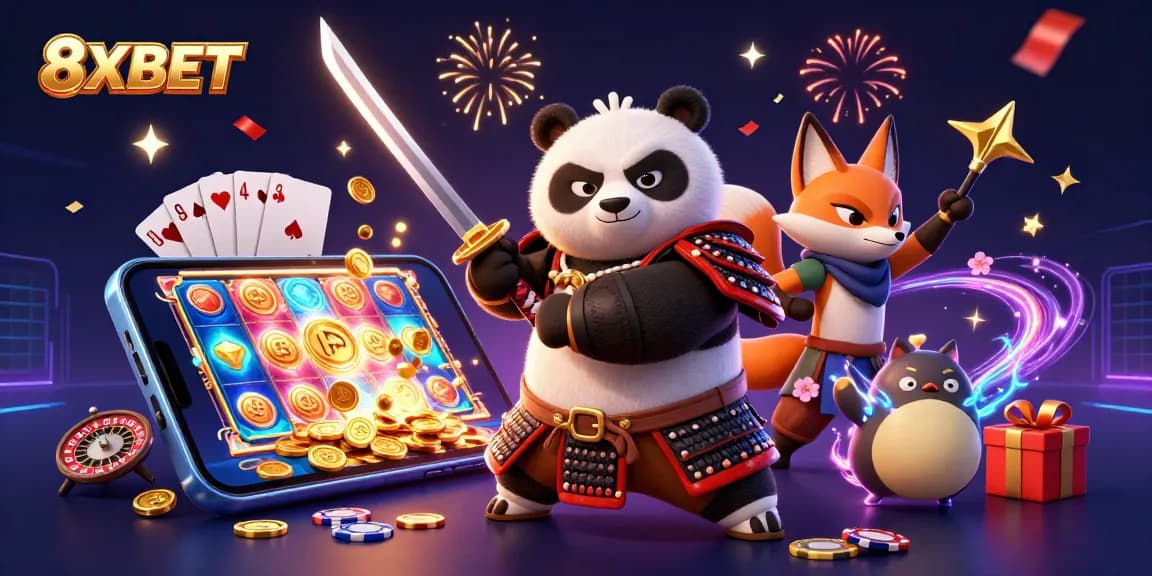 Join the excitement at 8XBET with a fierce samurai panda, ninja fox, and gaming elements.