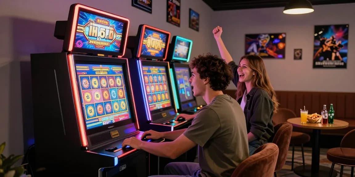 Exciting gaming moment featuring apk slot on a vibrant device with colorful display in a cozy neon-lit gaming room.
