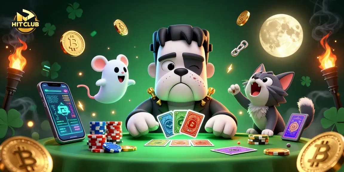 Engage in thrilling card games at HITCLUB, showcasing a vibrant 3D scene with lively characters.