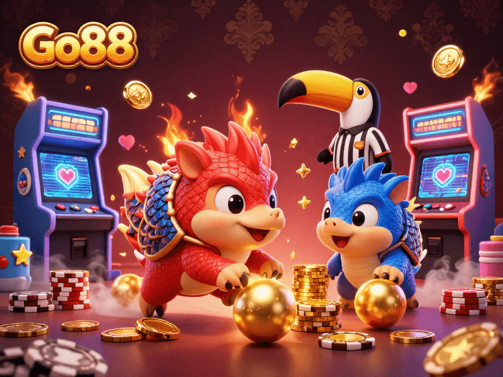 Go88 pangolins bowling through poker chips in a vibrant 3D casino scene.
