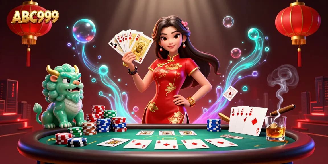 Engage in thrilling poker with ABC999—showcasing a vibrant casino scene featuring a striking woman and charming guardian.