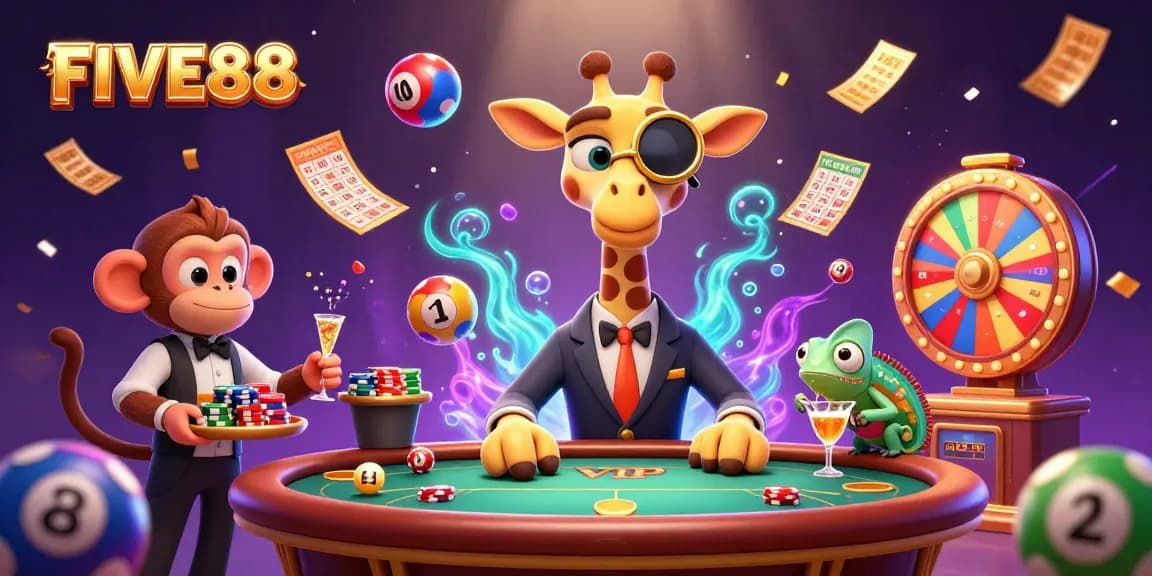 Experience the vibrant energy of casino life with FIVE88, featuring dynamic characters and exciting gaming elements.