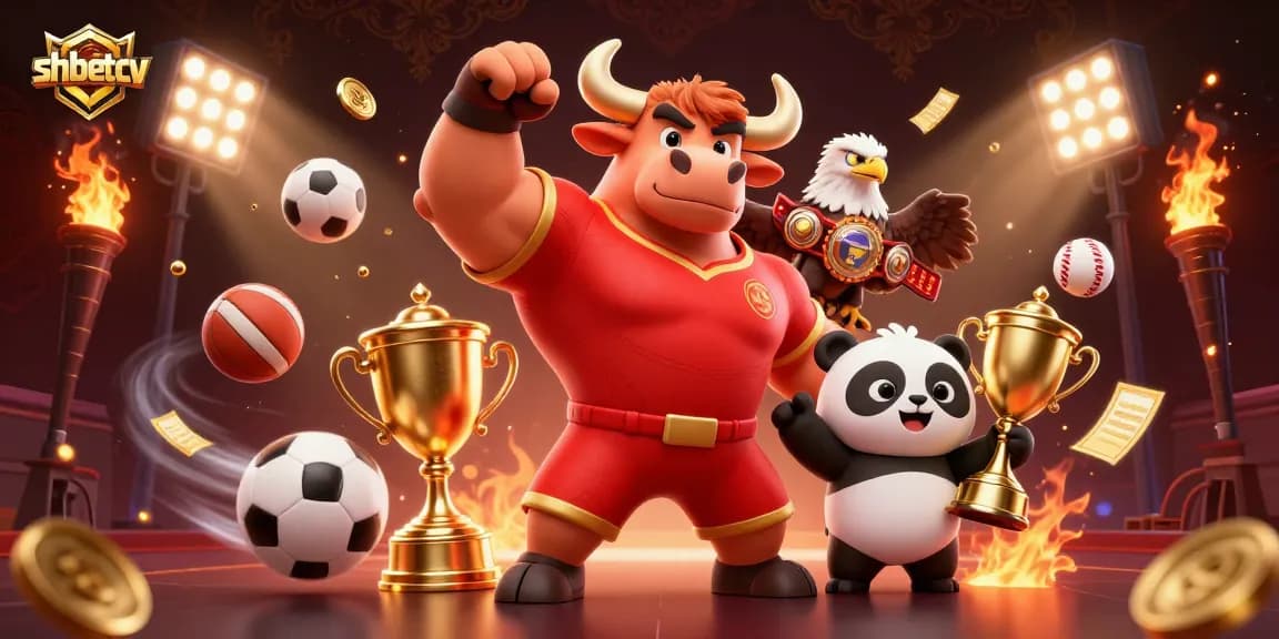 Engage in thrilling bets at shbetcv while the bull mascot celebrates, surrounded by dynamic sports elements.