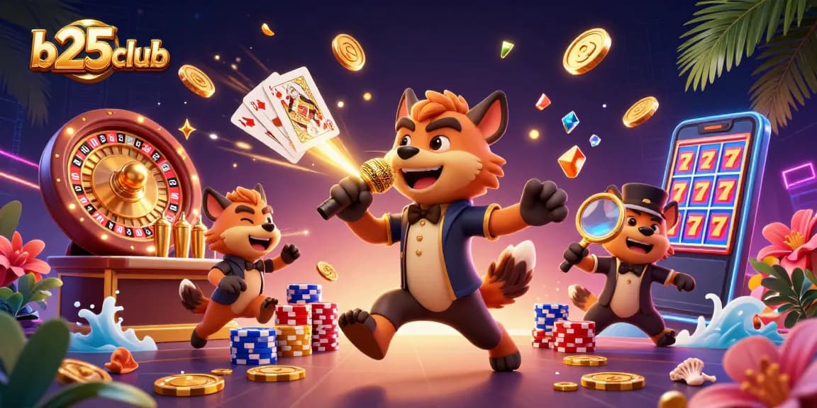Experience the vibrant world of b25club with lively hyenas in a comedy casino scene, enhanced with games and dynamic elements.