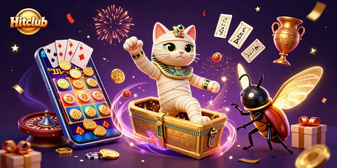 Hitclub offers thrilling gameplay as a mummy cat and scarab beetle burst into a vibrant casino scene.