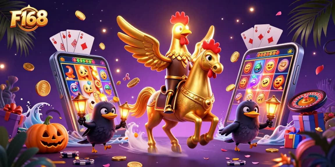F168 players engage with a vibrant casino atmosphere, featuring a golden rooster and gaming elements.