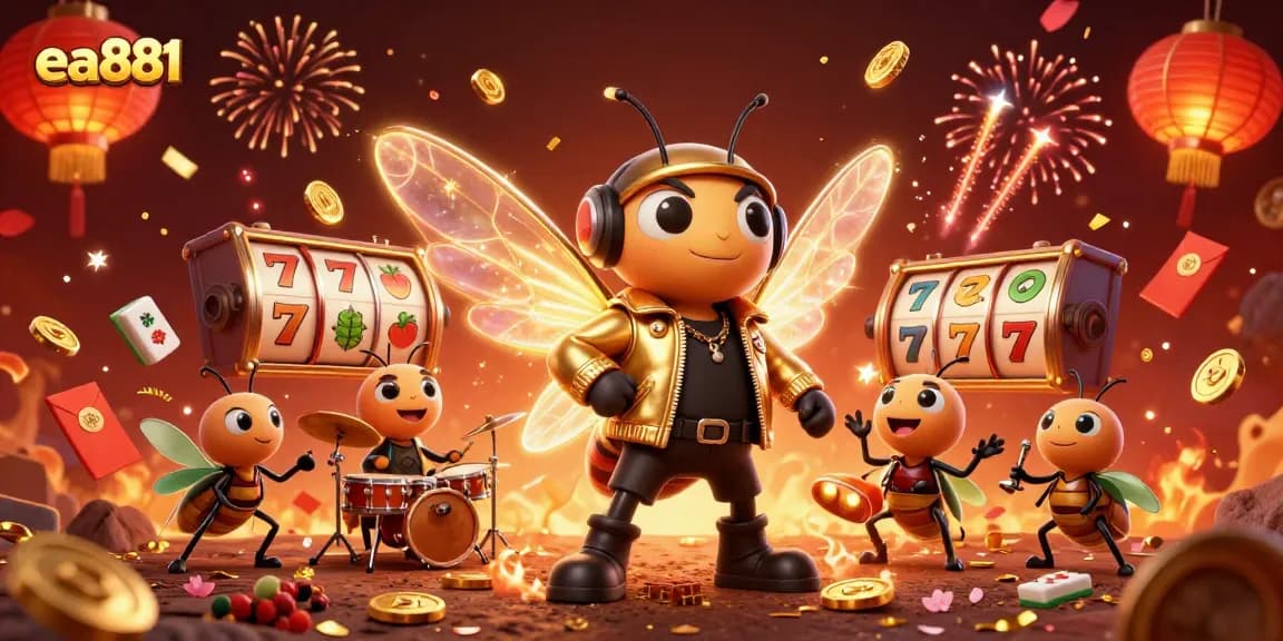 Experience thrilling slots at ea881 with a vibrant, energetic scene of colorful characters and casino elements.