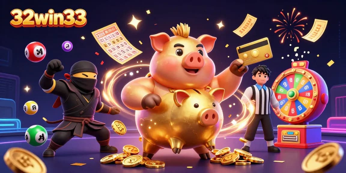 Engage in excitement with 32win33 as golden coins rain down amidst action-packed casino characters.