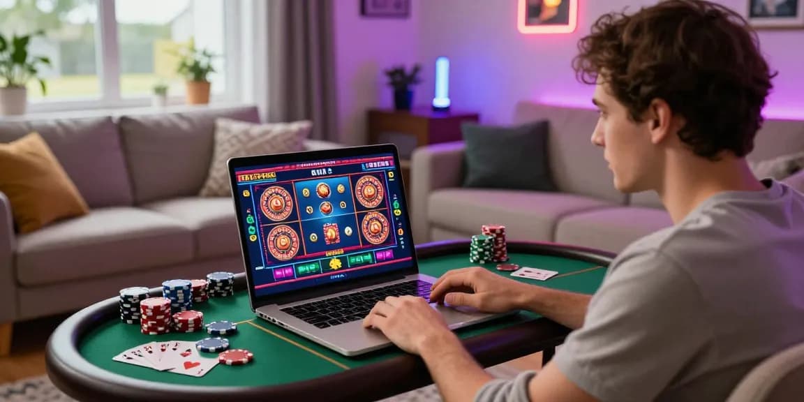Engaging player enjoying the migliori casino online experience from home, surrounded by gaming elements and vibrant atmosphere.