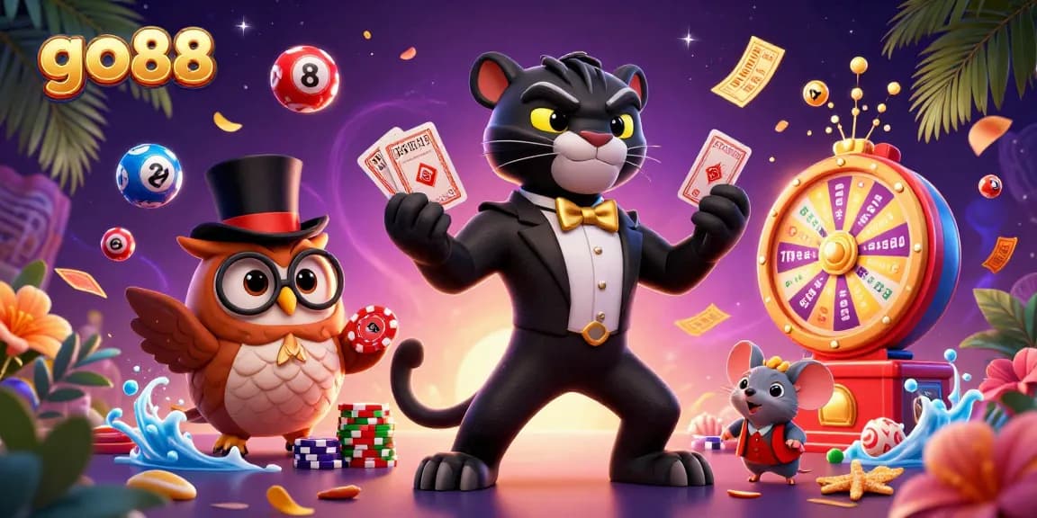 Engage with exciting gaming options at go88, featuring a vibrant scene of characters and lottery elements.